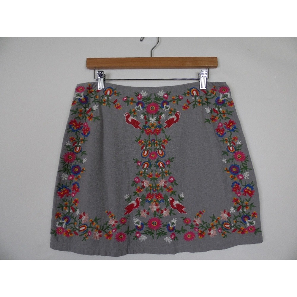 Umgee Womens Skirt Sz Large Embroidered Floral Bird Gray Colorful Festival Boho